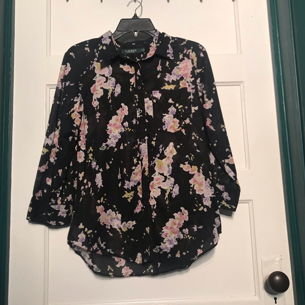 Lauren Ralph Lauren Black and Pink 3/4 Sleeve Button Up Shirt**
